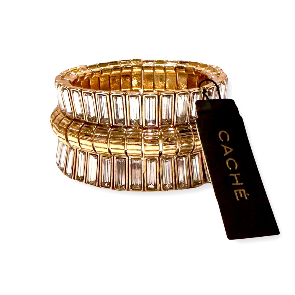 CACHE Golden Baguette Crystal Elastic Statement Bracelet NWT